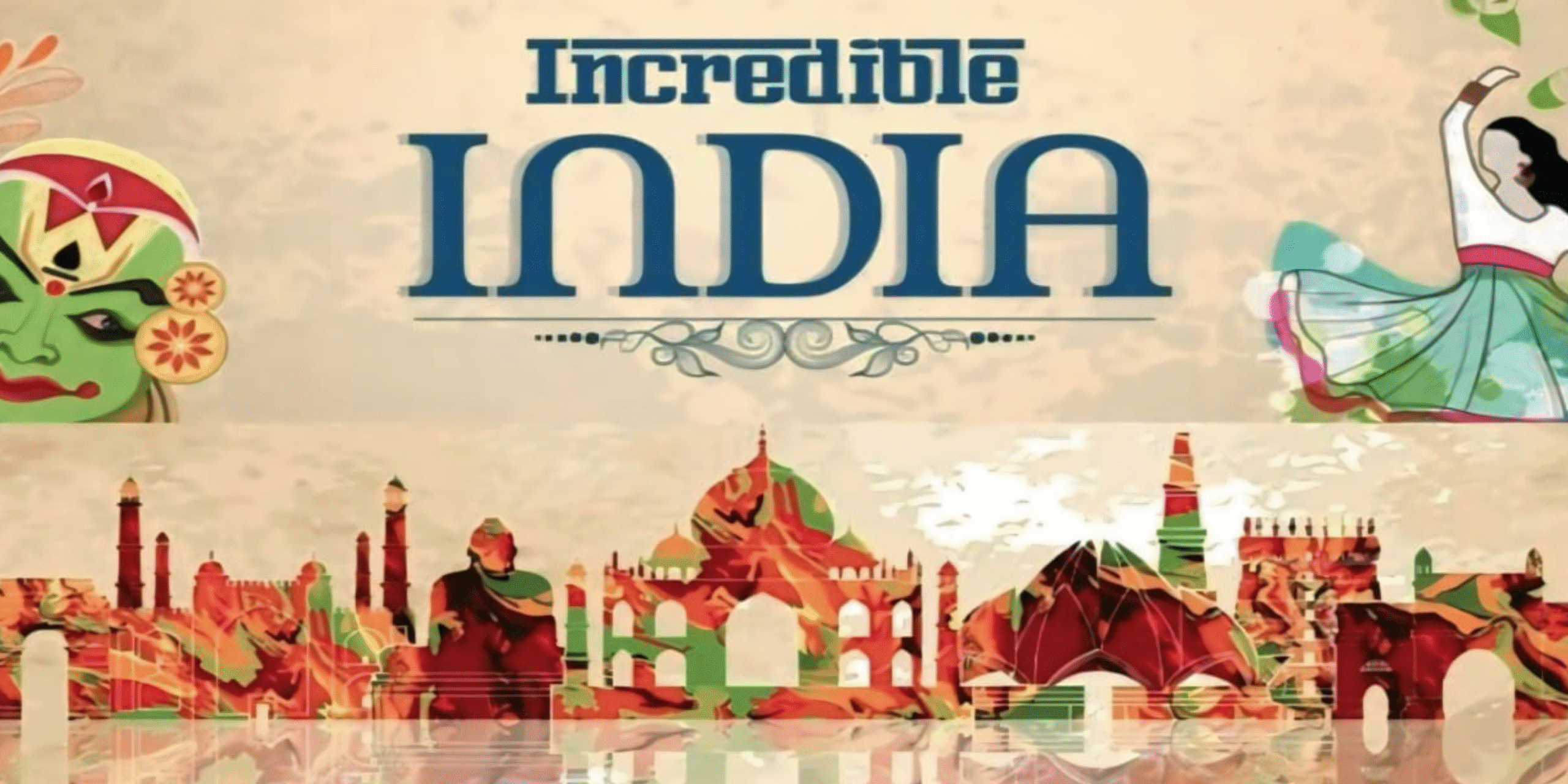 Indian culture Colorful representation of Indian culture showing traditional dance, festivals, monuments like the Taj Mahal, and people wearing ethnic attire celebrating diversity and heritage of India."